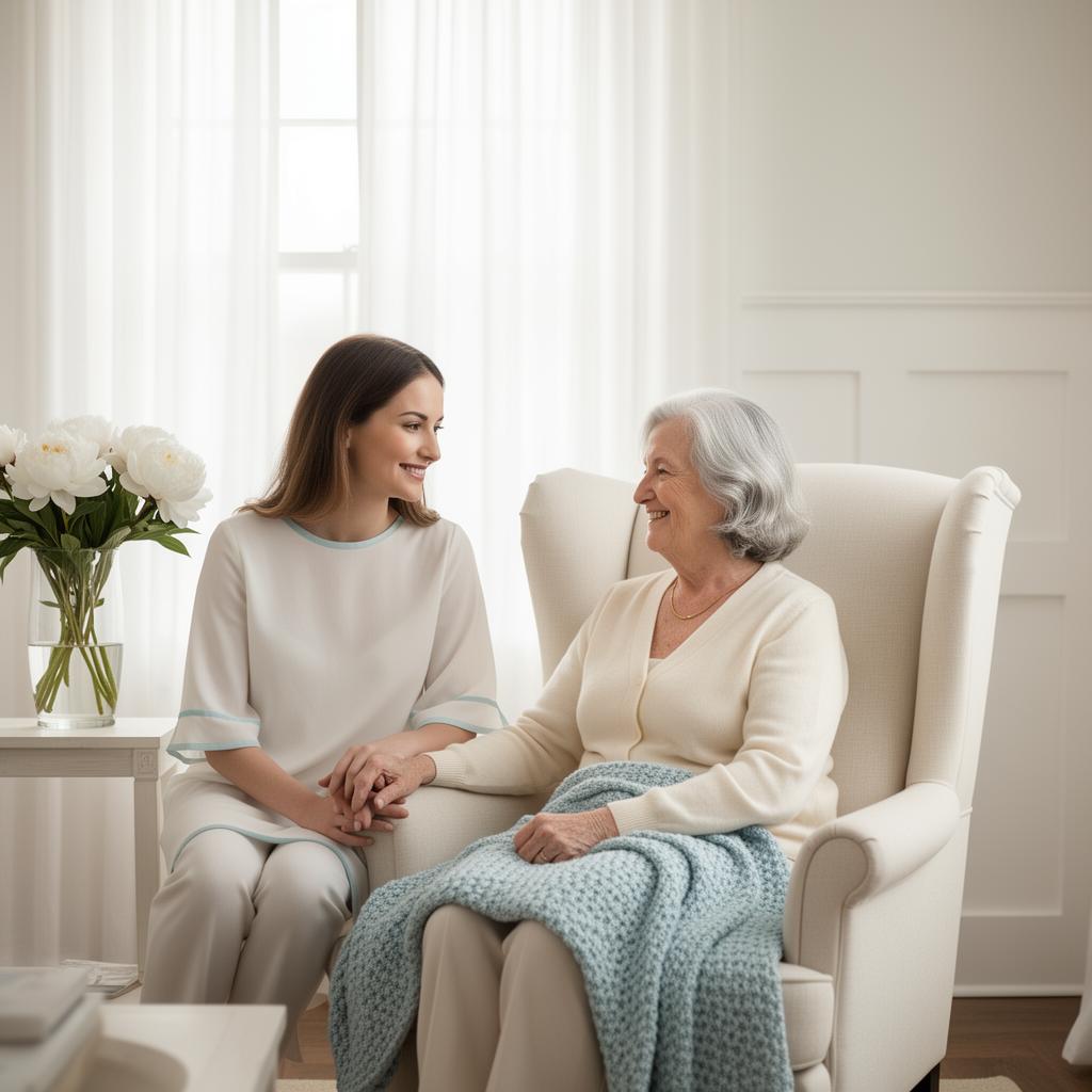 A caregiver holding hands with a smiling elderly resident in a sunlit room