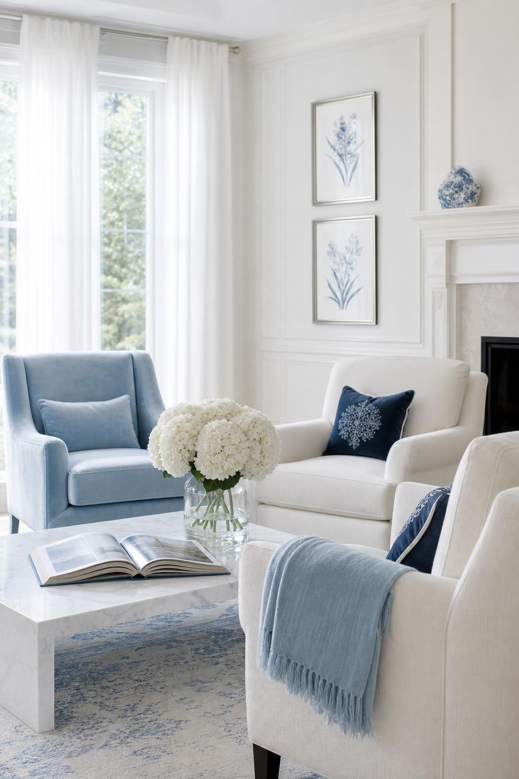 Sunlit living room with sage armchairs and fresh flowers at HavenBloom Senior Living